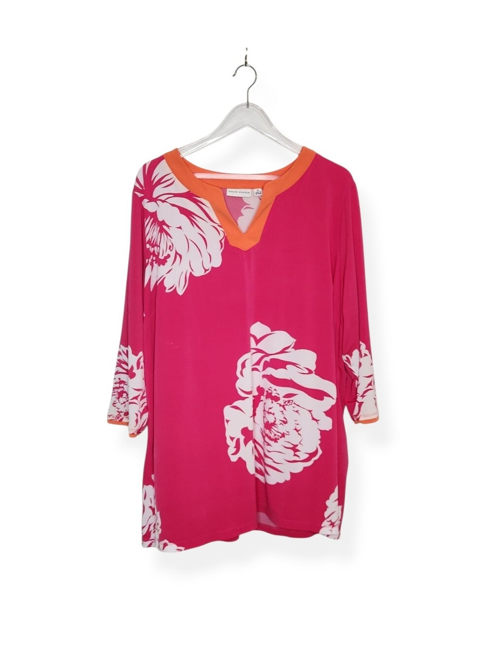 Susan Graver Pink White Floral Print Women's Tunic Top Plus Size 2X Shirt Blouse
